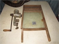 GLASS CLOTHES WASHBOARD & MEAT GRINDER