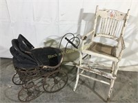 Antique Baby doll Carriage and Hi-chair