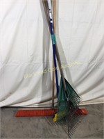 4 tools- 2rakes/ 3ft head broom & deck brush