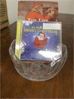 CRYSTAL DISH WITH CHRISTMAS CDS AND BOOK