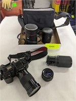 NIKON CAMERA WITH (3) LENSES, BAG AND ACCESSORIES