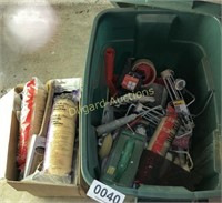 Tote and box of painting supplies