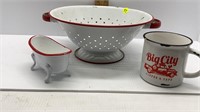 3PC. ENAMEL COFFEE CUP-STRAINER-SOAP HOLDER