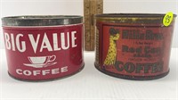 2PC.HILLS BROS. & BIG VALUE 1 LBS COFFEE CANS