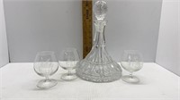 CUT CRYSTAL SHIPS DECANTER & 6 ETCHED GLASSES