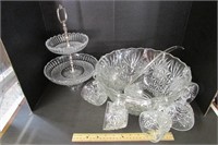 Beautiful Clear Glass Tiered Tray and Punch Bowl