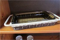Brown Pyrex Baking Dish with Wicker Holder - 7.5"