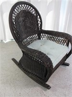 Wicker Rocking Patio Chair w/ Blue Cushion
