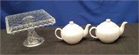Box 2 Small Tea Pots, Glass Cake Plate