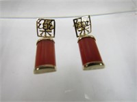 14K Yellow Gold/Orange Jade Dangle Earrings