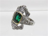 Sterling Emerald Cut Emerald Art Deco Ring Size 6