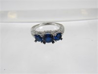 Sterling 3 Stone Blue Sapphire Ring Size 6.5