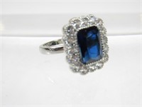 Sterling 4cts Emerald Cut Blue Sapphire Ring +