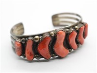 Silver & Coral Cuff Bracelet - Signed INZZ