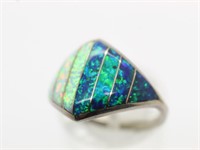 Fire Opal & Blue/Green Stone Silver Ring - Size 4