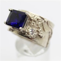 Pure Silver Sapphire & CZ Ring - Size 8
