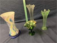 Lot of vases plus green candy dish with luster