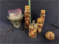 Vase plus holder with decorative rocks, potpourri