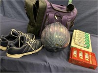 Sports assortment.  Carry case with bowling ball