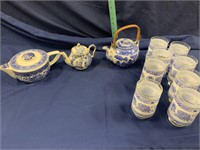 Blue Willow teapots, one marked, glasses