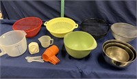 Various strainers, mixing bowls, timer and