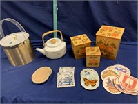 Ice bucket, teapot, wooden canister set, coasters