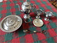 SILVER PLATE TEAPOT & DISHES