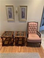 2 MODERN END TABLES WITH PICTURES ETC