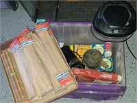 Box of Canning Lids, Bamboo Skewers, Radio +