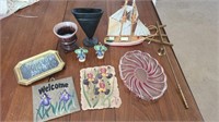 Lot of misc items, snuffer, red and white glass