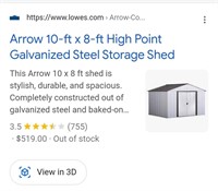 10ftx8ft NIB Arrow Storage Shed In Box ($499)