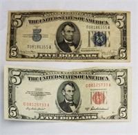1 Red Seal & 1 Silver Certificate $5 Note