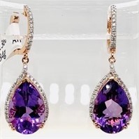 14k Gold 12.53 cts Amethyst & Diamond Earrings