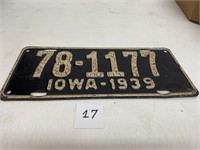 Vintage 1939 Iowa License Plate