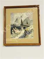 German print of mountain cabin