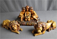 Carved Wooden Children & Lion Figurines