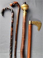 Staff, Axe, and Walking Cane/ Stick  Lot of 4