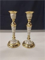 Pair of Brass/Mother of Pearl Candle Stick Holders