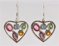 Sterling Multicolor Stone Heart Earrings