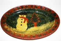 Snowman & Tree Sponge Decorated Oval Platter 12"