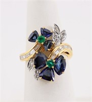 18K Gold Sapphire, Emerald & Diamond Ring