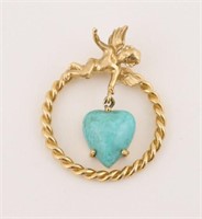 14K Gold Turquoise Heart & Angel Pendant