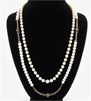 2 Ornate Pearl Necklaces. 14K.