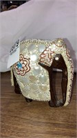 Carved wood elephant with jeweled cover 4” tall