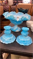 Fenton blue slag glass candleholders & ruffled