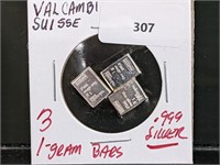 3-1G Bars Valcambi .999 Silver