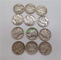 12 Silver Mercury dimes. All nice shape 90% silver