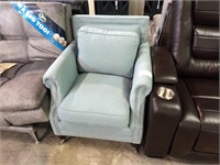 LIGHT BLUE FABRIC ACCENT CHAIR CHROME NAIL FRONT