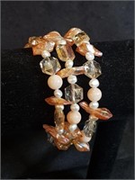 Coral/Salmon w/Freshwater Pearl Coiled Bracelet