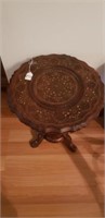 Vintage Hand Carved Round Wooden End Table